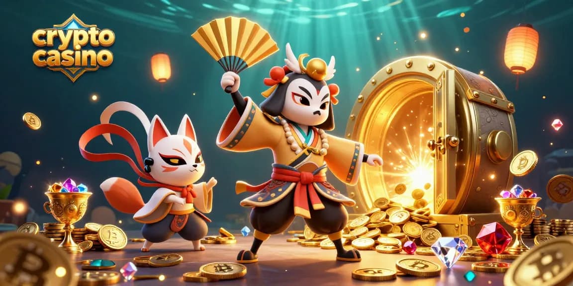 Engage with a vibrant crypto casino scene filled with Bitcoin coins and dynamic characters.