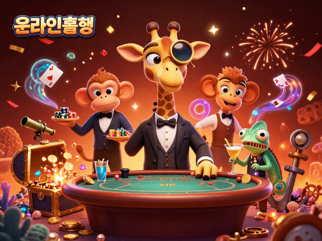 온라인홀덤 테이블에서 화려한 돈을 베팅하는 기린 캐릭터와 함께 시각적으로 풍부한 장면