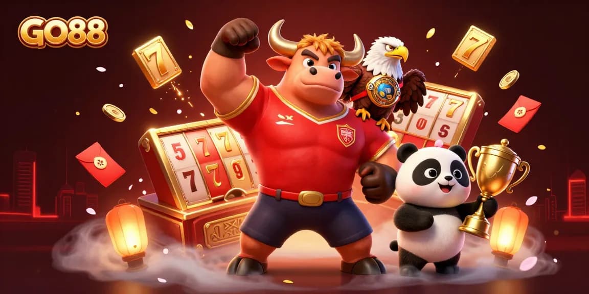 Engage with GO88's vibrant casino scene featuring a triumphant bull mascot, slot reels, and festive fireworks.