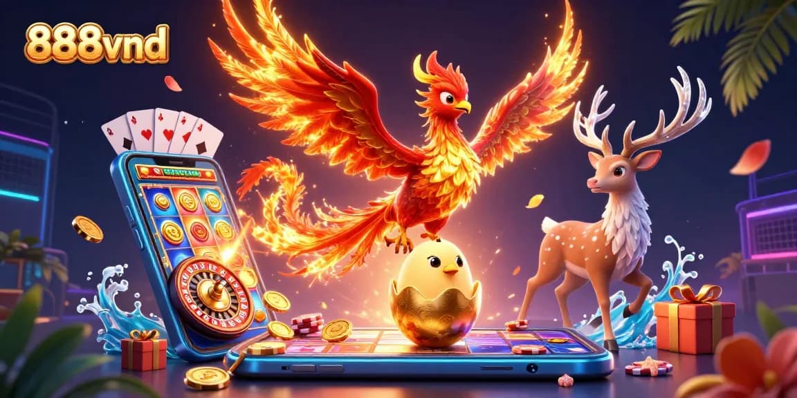 Play thrilling slots at 888vnd with vibrant visuals, golden coins, and exciting casino elements.