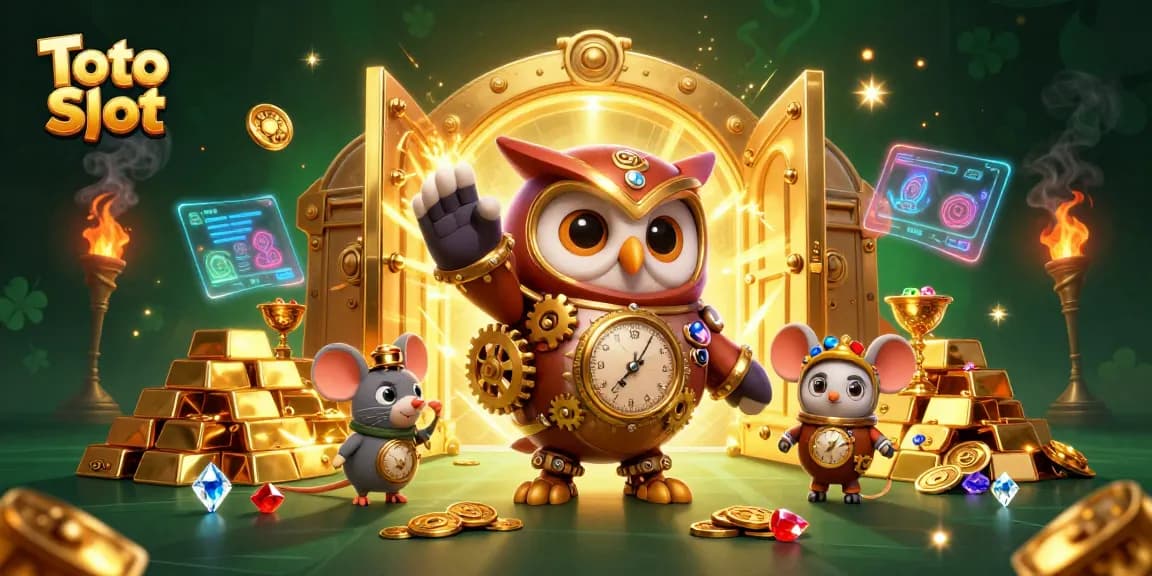 Toto Slot dynamic action featuring a steampunk owl and clockwork mouse amidst a dazzling casino scene filled with treasures and games
