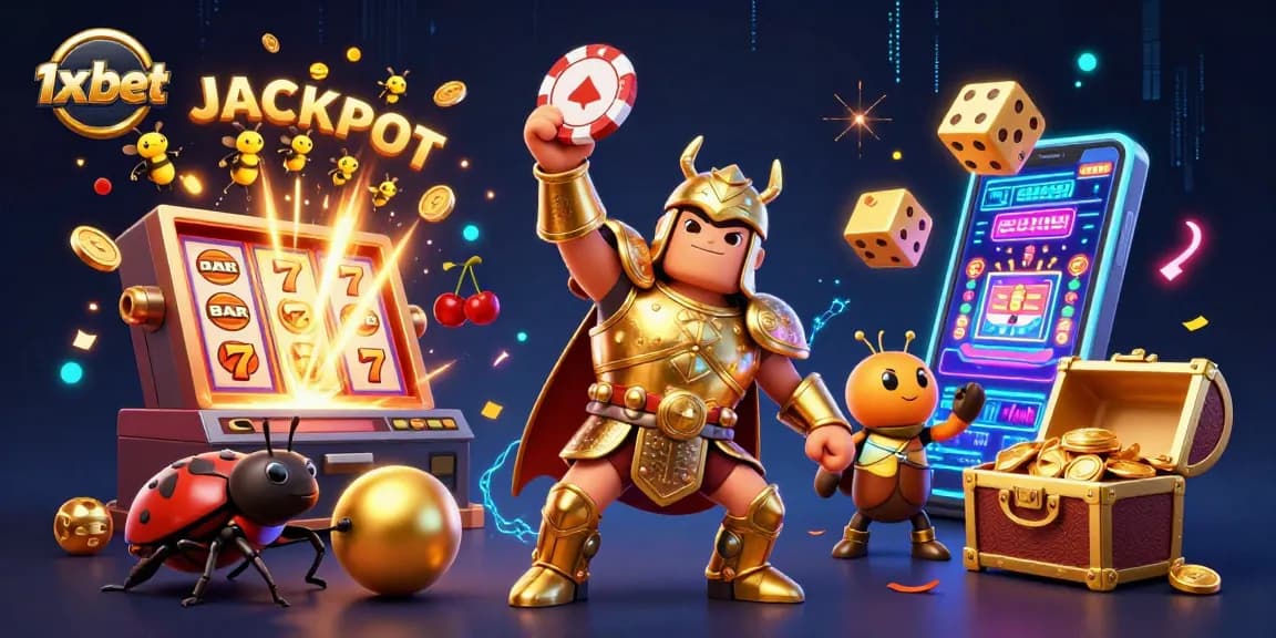 Win with 1x bet in a vibrant casino scene featuring heroic beetles and jackpot symbols.