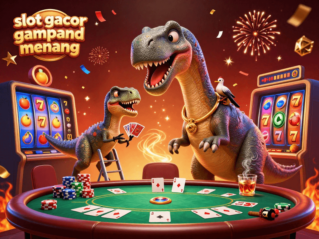 Experience thrilling action with slot gacor gampang menang as a fun dinosaur-themed casino scene unfolds.
