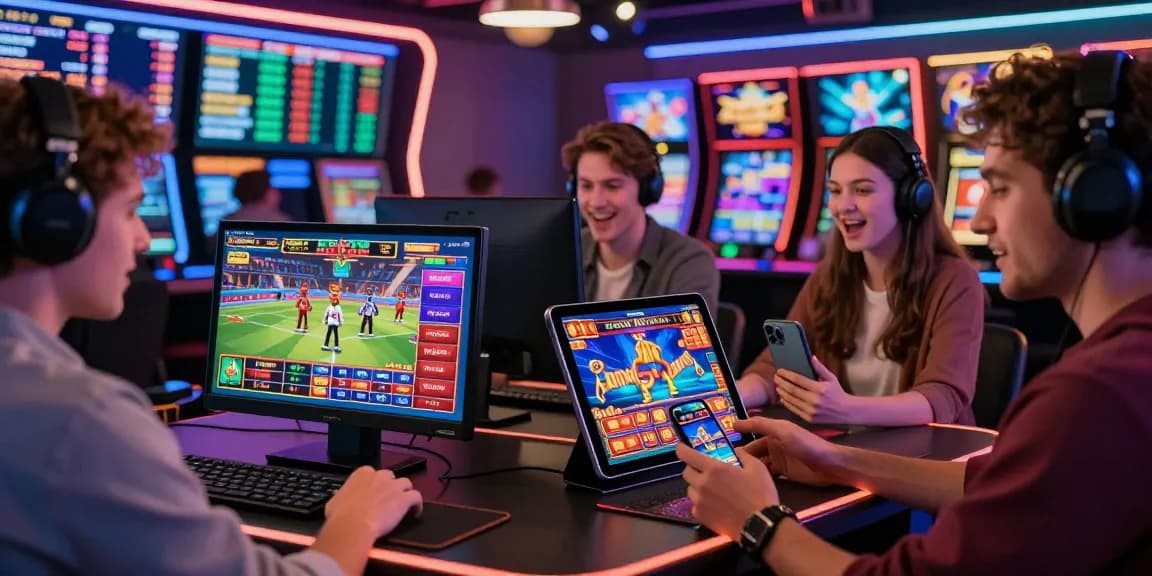 Excited players enjoying grandbetting games on multiple devices in a dynamic virtual casino atmosphere.