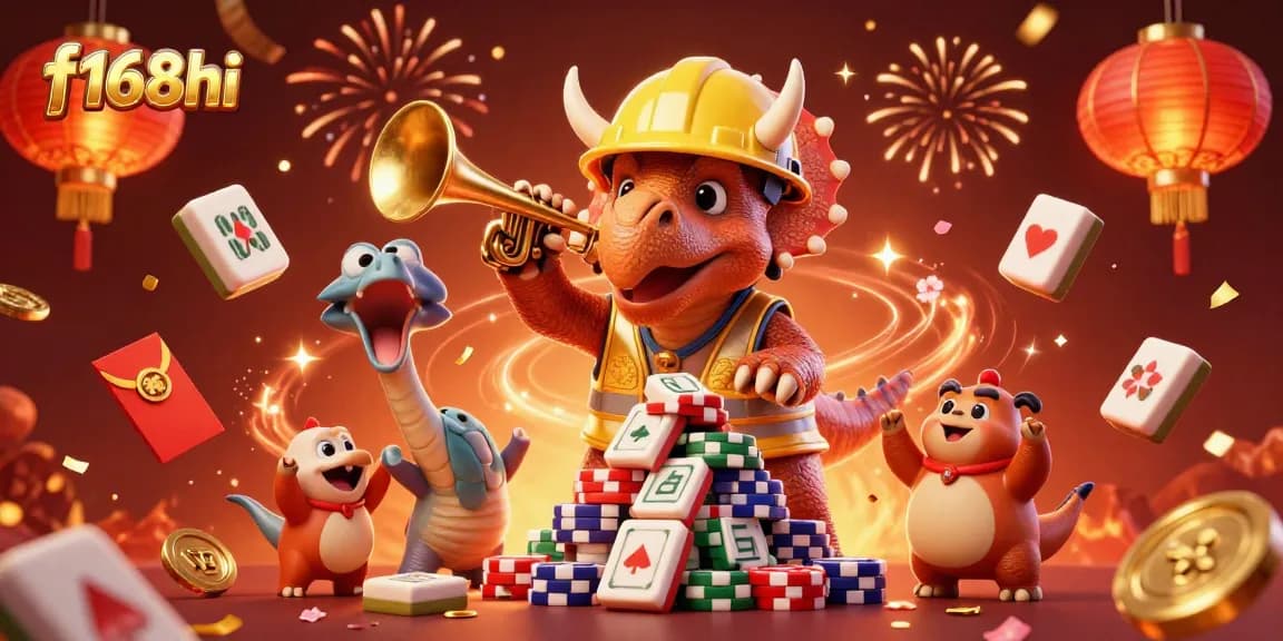 Join the fun with f168hi as the triceratops builds a festive casino chip pyramid amidst cheers and celebrations.