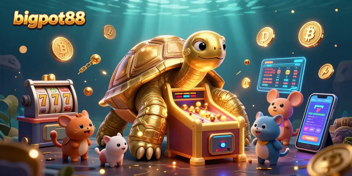 Experience exciting slots with bigpot88 as golden tortoise and vibrant characters engage in thrilling gameplay.