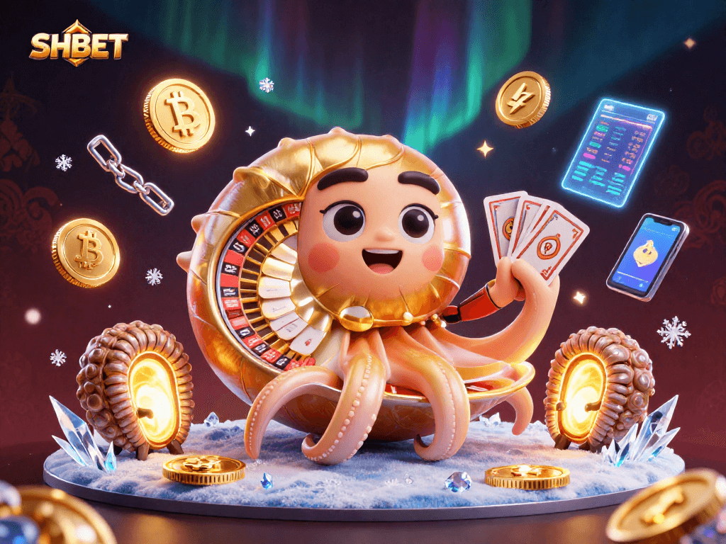 Join the excitement at SHBET with a thriving casino scene featuring a giant nautilus roulette wheel and crypto elements.