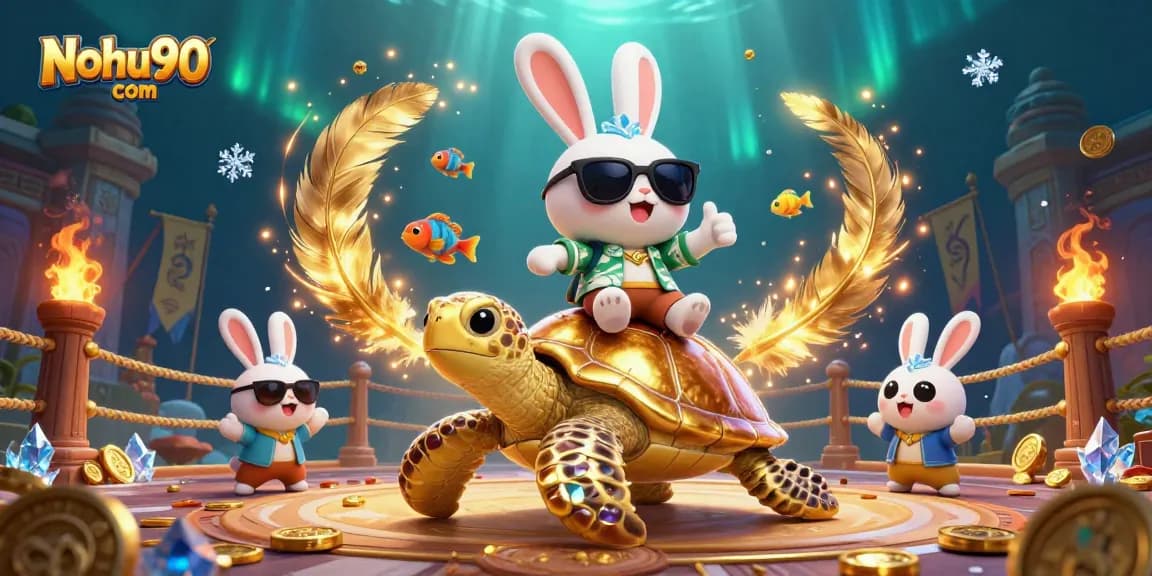 Experience thrilling gameplay at Nohu90 com with a vibrant, colorful scene featuring a lucky rabbit and golden turtle.