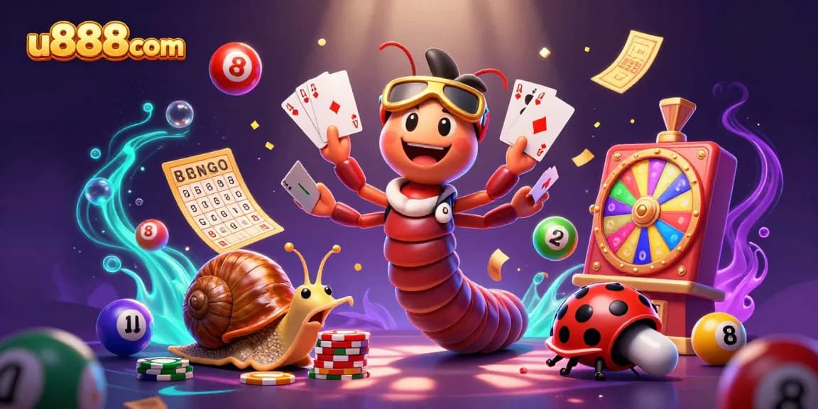 Join the excitement at u888com with our lively casino scene featuring colorful lottery elements and engaging characters.