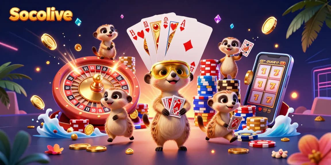 Socolive offers a lively 3D cartoon scene with meerkats illustrating a vibrant casino atmosphere full of gaming elements.