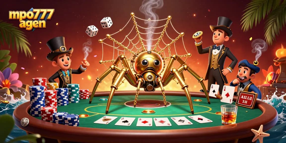 Engage with mpo777 agen at this vibrant casino scene featuring a steampunk spider and poker elements.