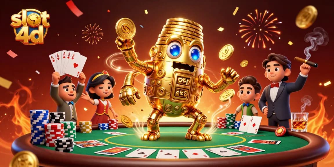 Experience the excitement of slot 4d with a dynamic 3D illustration of a golden golem among poker elements.