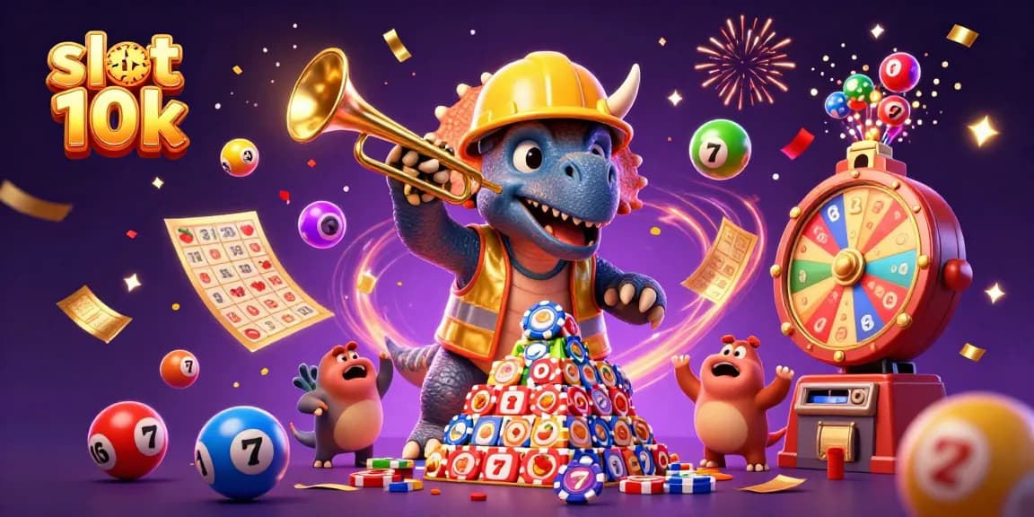 Engage in exciting gameplay with slot depo 10k featuring a triceratops building poker chip pyramids and slot elements.