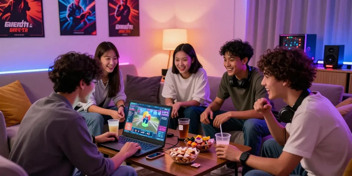 Engaging scene of friends playing game bài đổi thưởng online in a cozy living room, showcasing excitement and camaraderie.