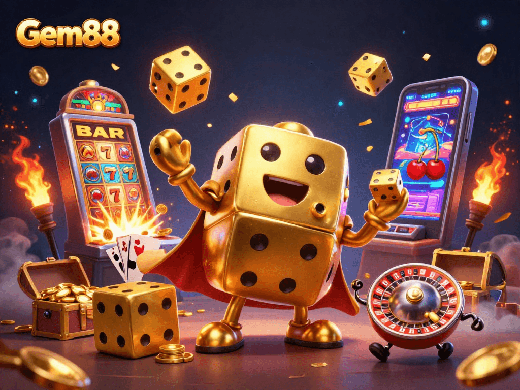 Experience Gem88's vibrant casino gaming world with dynamic golden dice and jackpot excitement.