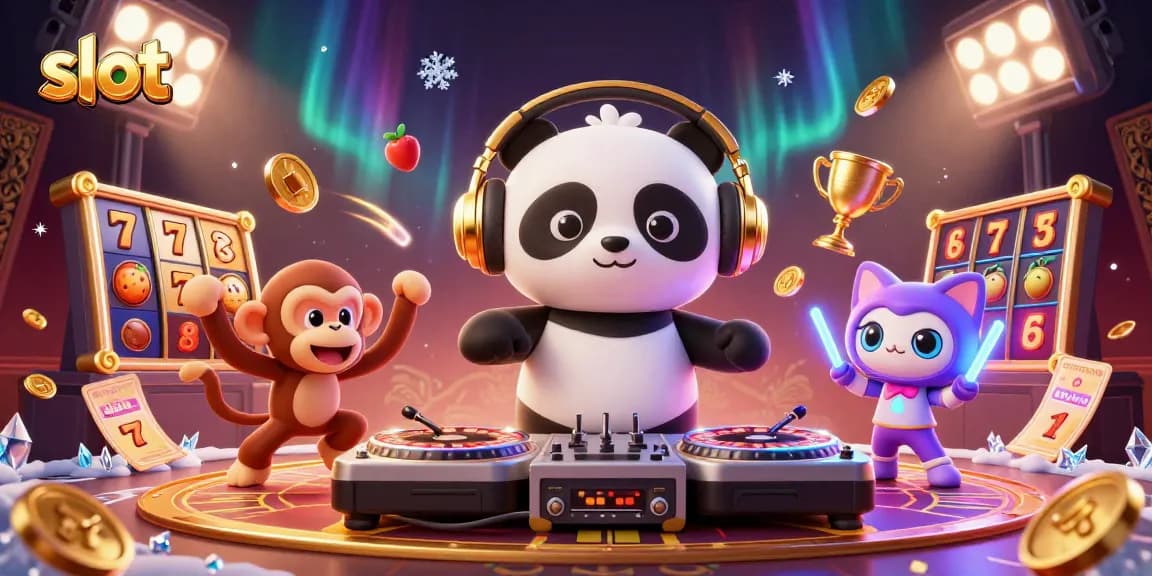 Spin to win at slot games with DJ panda, breakdancing monkey, and glowing kitten.