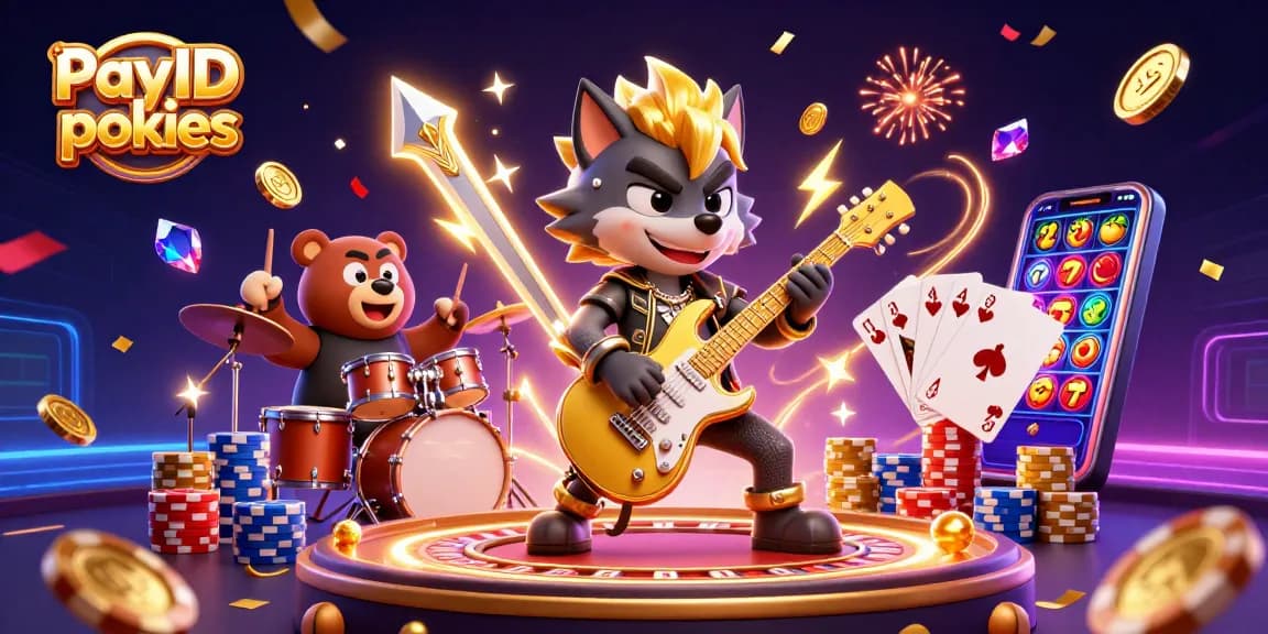 Experience thrilling PayID pokies in this vibrant 3D casino scene with exciting characters and game elements.
