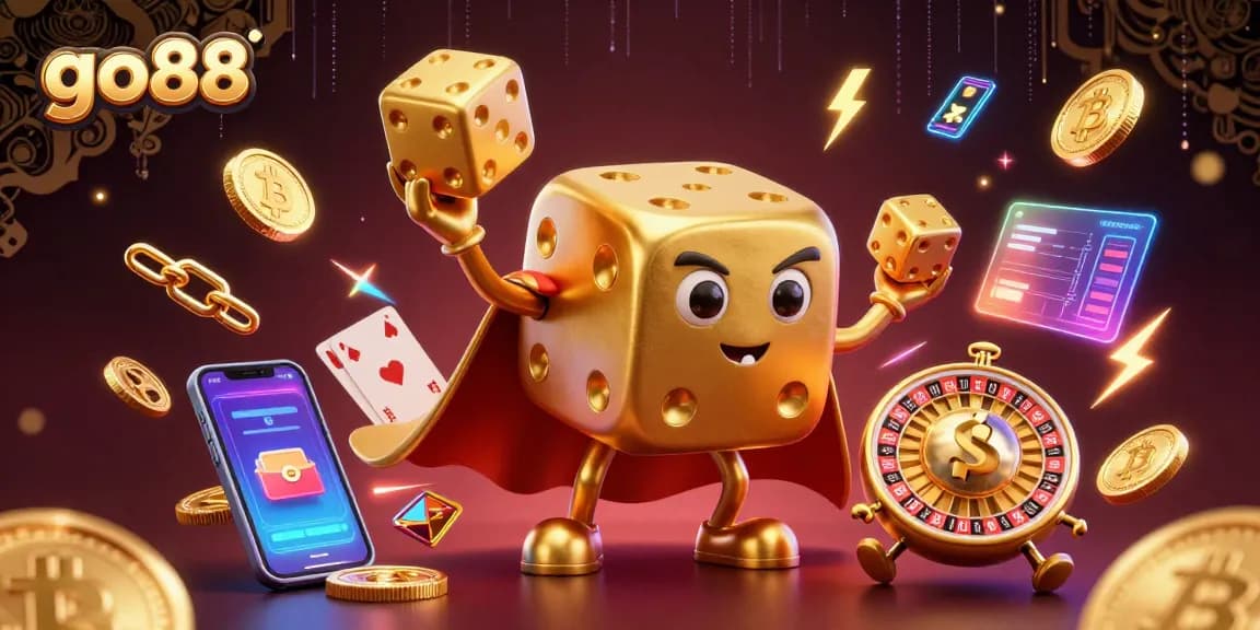 Experience go88 with an engaging 3D visual showcasing a golden dice golem and vibrant crypto elements.