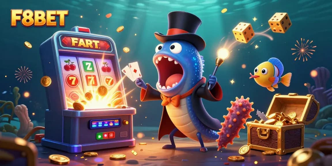 F8BET’s engaging scene features a magical eel performing tricks amid dynamic slot game elements and casino décor.