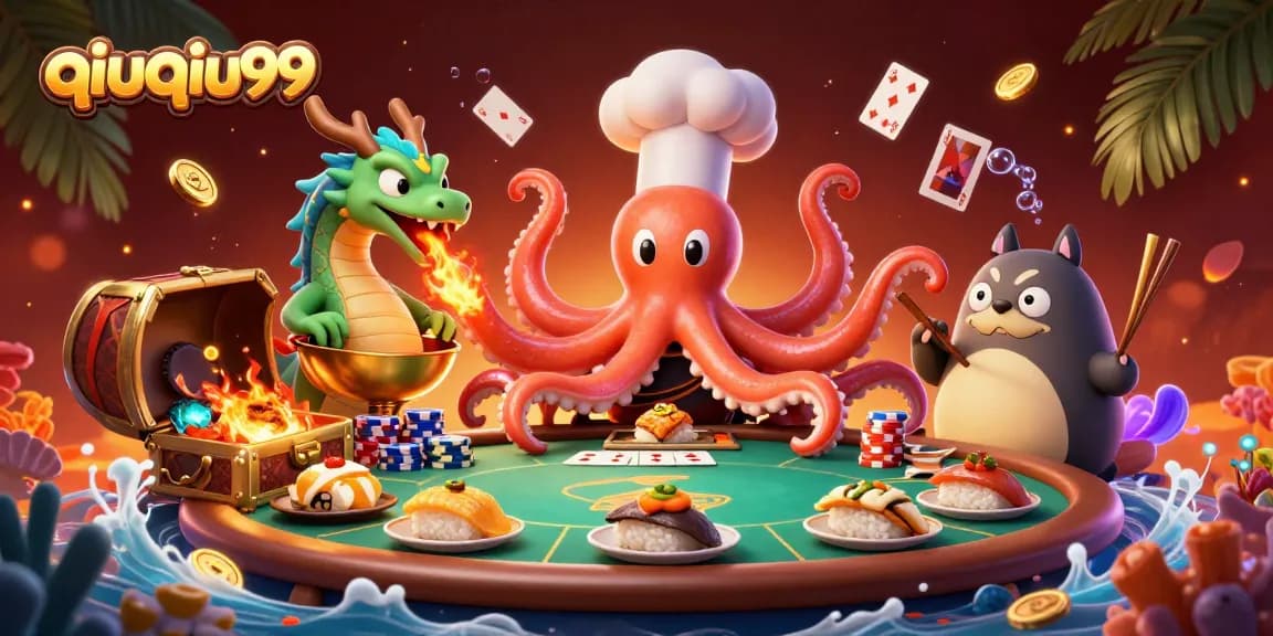 Experience thrilling poker action with qiuqiu99, featuring vibrant characters and dynamic elements in a rich casino scene.