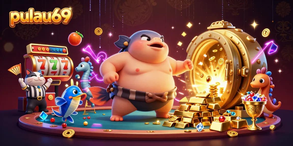 Pulau69 showcases vibrant underwater slot gaming with a cartoon fugu and treasures.