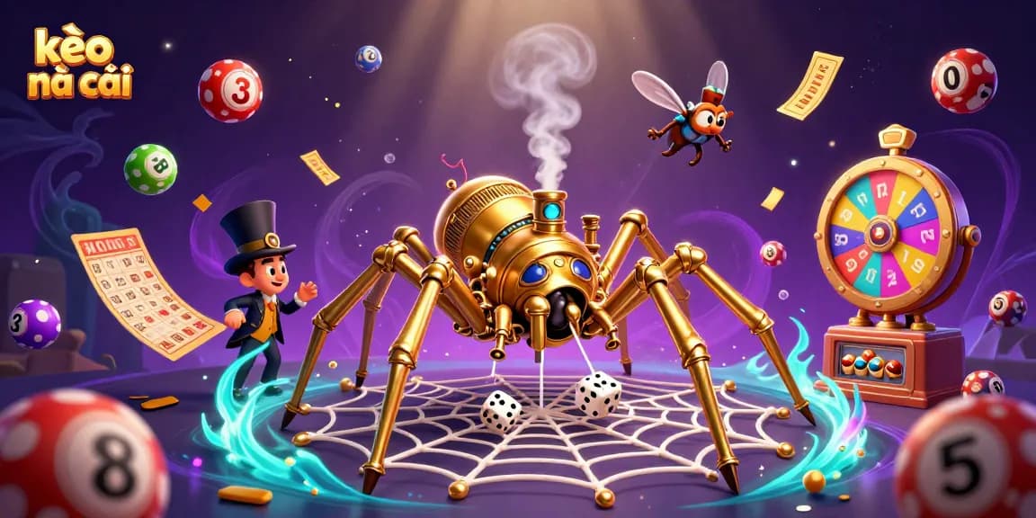 Engage with kèo nhà cái in an enchanting 3D illustration featuring dynamic lottery balls and steampunk elements.