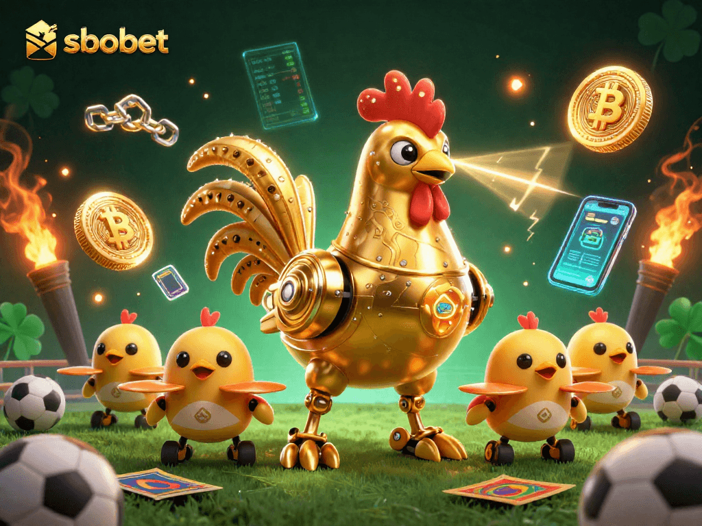 SboBet players enjoy dynamic betting experiences with sports-themed robot and vibrant cryptocurrency elements.