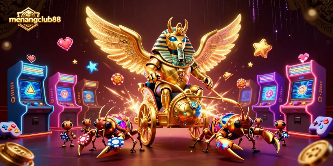Experience vibrant gaming adventures at menangclub88 with colorful arcade machines and action-packed scenes.