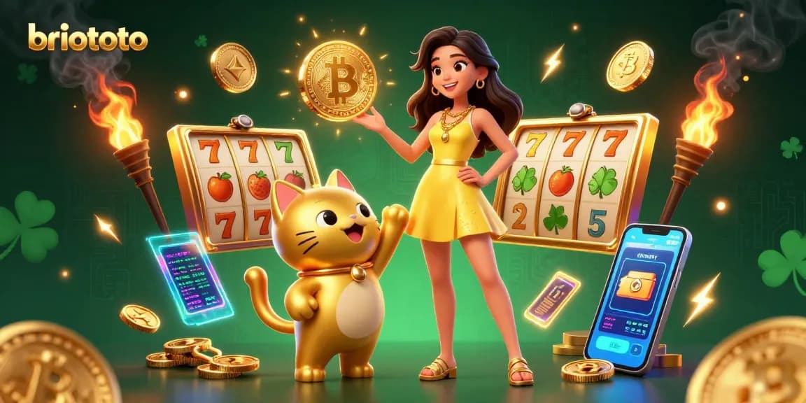Experience the thrill of briototo with vibrant slot reels, lucky symbols, and crypto elements.