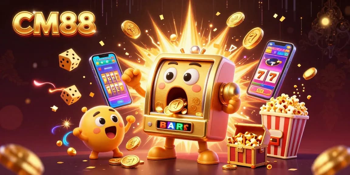 Experience the thrill of CM88 with golden slot machines celebrating a jackpot amidst vibrant casino game elements.