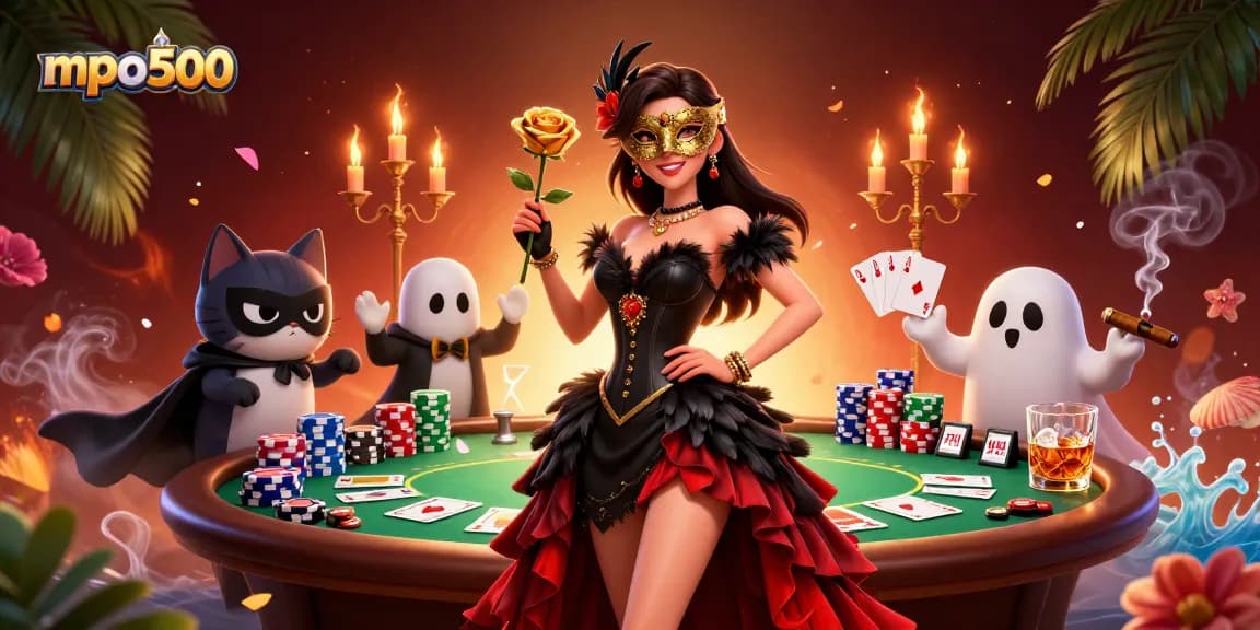 MPO500 brings excitement with a stunning poker scene featuring a glamorous woman and a whimsical cat.