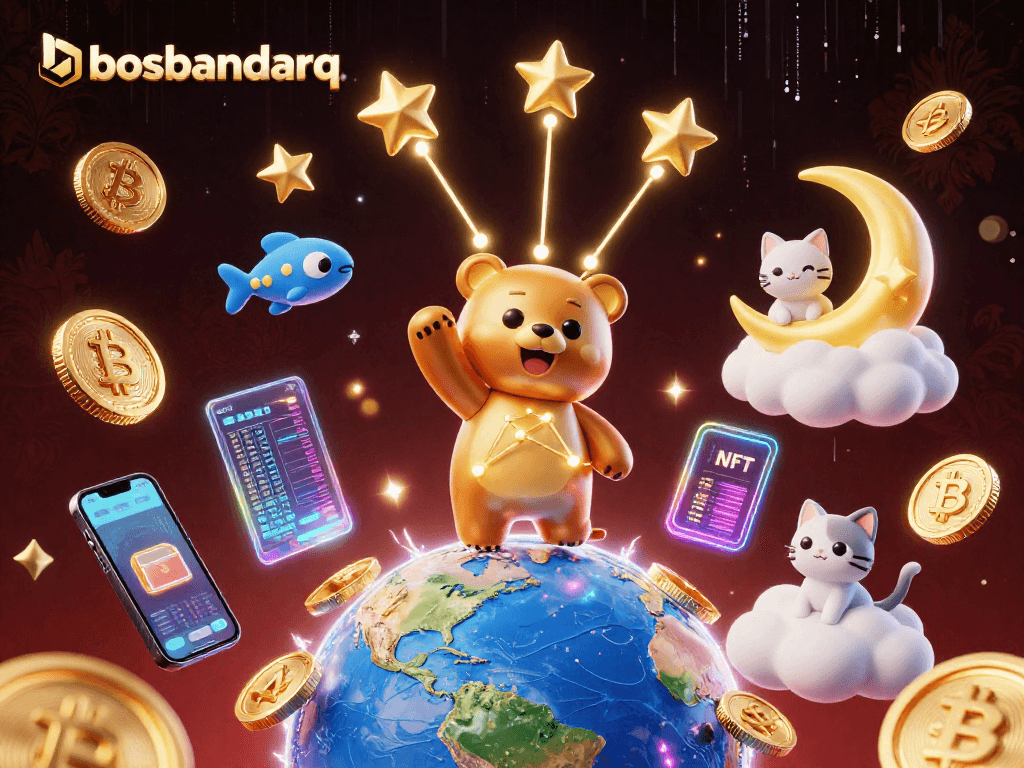 Experience the vibrant world of bosbandarq casino with colorful stars, crypto coins, and engaging gameplay.