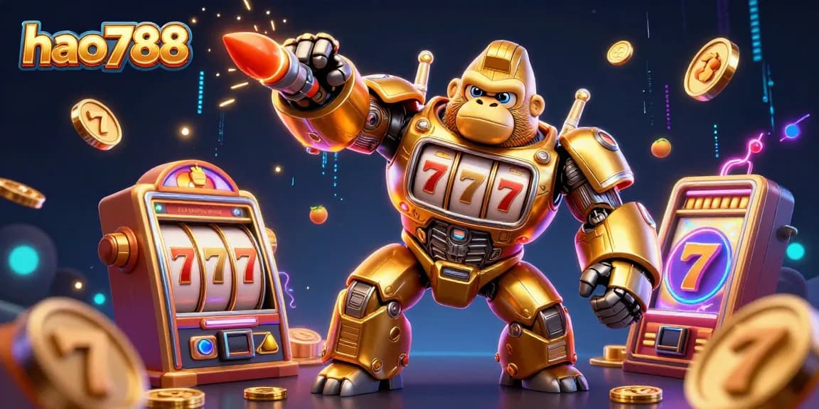 Koleksi slot HAO788 yang menampilkan gorila emas dan mesin slot di tengah aksi menang.