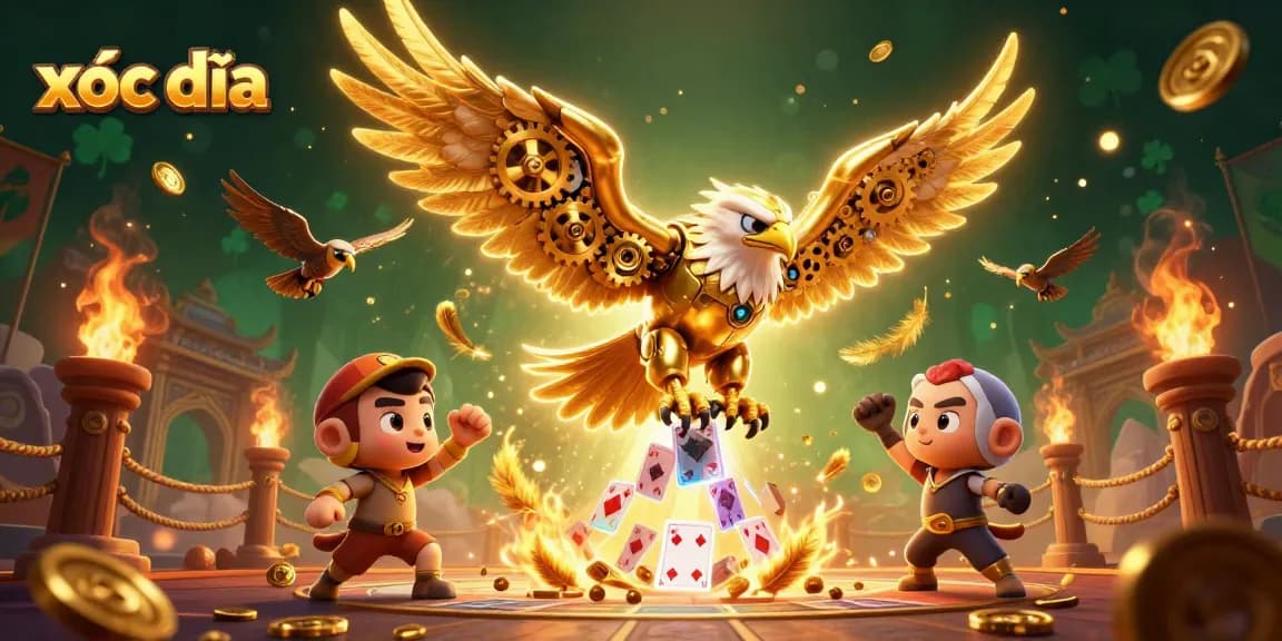 xóc đĩa engaging players with vibrant 3D illustration of a golden eagle amidst swirling cards and coins