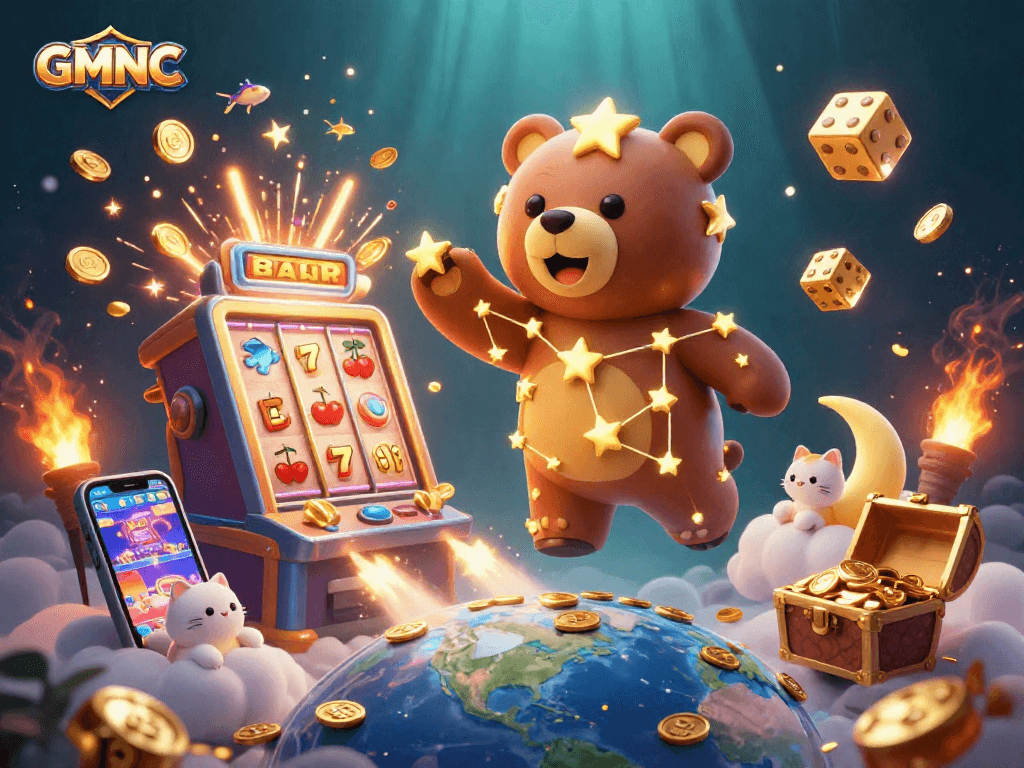 Experience GMNC’s thrilling jackpot action with a constellation bear and vibrant casino elements.