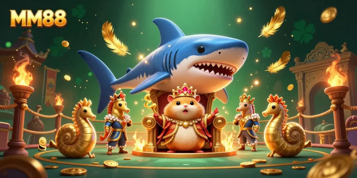 Engage in thrilling MM88 action with a golden hamster king surrounded by dynamic casino elements.