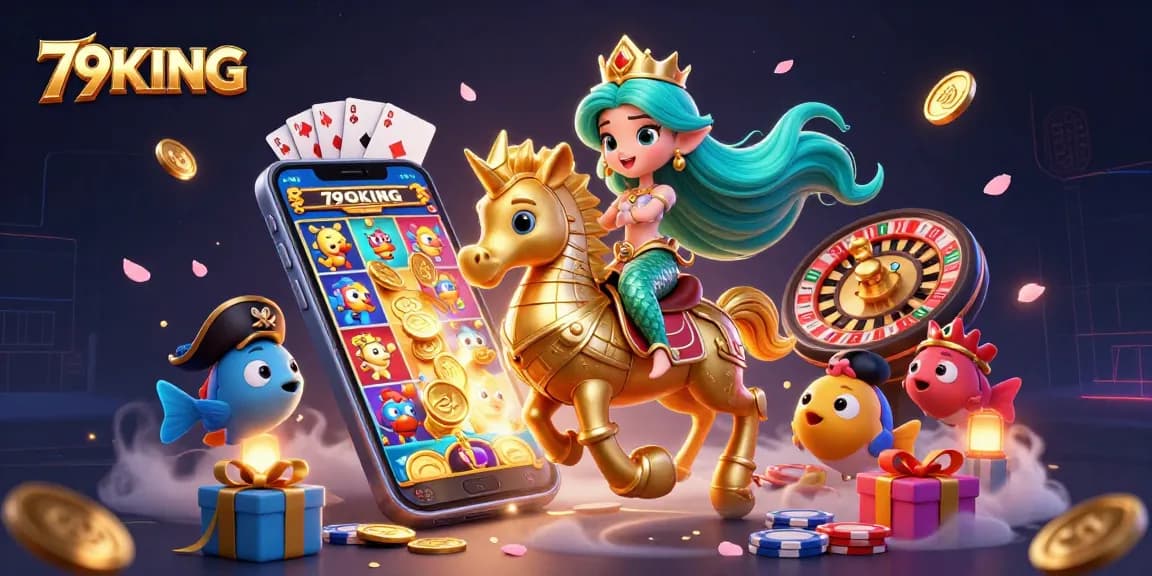 Engage with thrilling gameplay at 79KING, featuring a vibrant mermaid princess in a rich, animated casino scene.