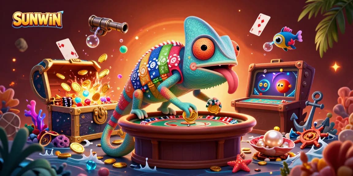 Experience the thrill at SUNWIN with a vibrant casino scene featuring a chameleon owner and lively game elements.