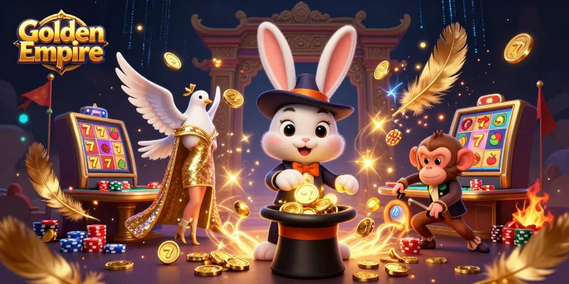Experience Golden Empire's magical casino adventure with a charming rabbit, elegant dove, and cheeky monkey.