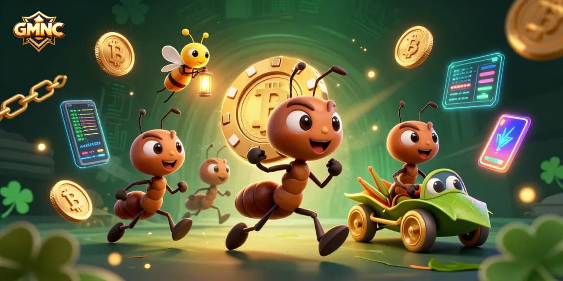 Join GMNC as cartoon ants carry a massive poker chip, surrounded by crypto coins in a vibrant heist scene.