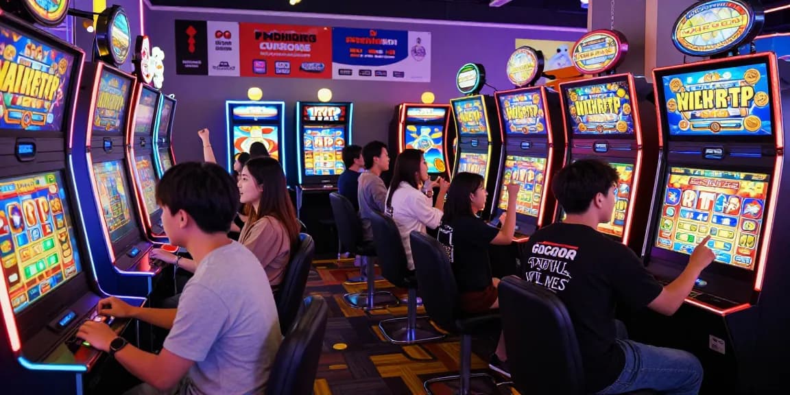 Pengunjung terlibat dalam permainan slot gacor dengan suasana cerah dan bersejarah di kedai arcade yang ramai.