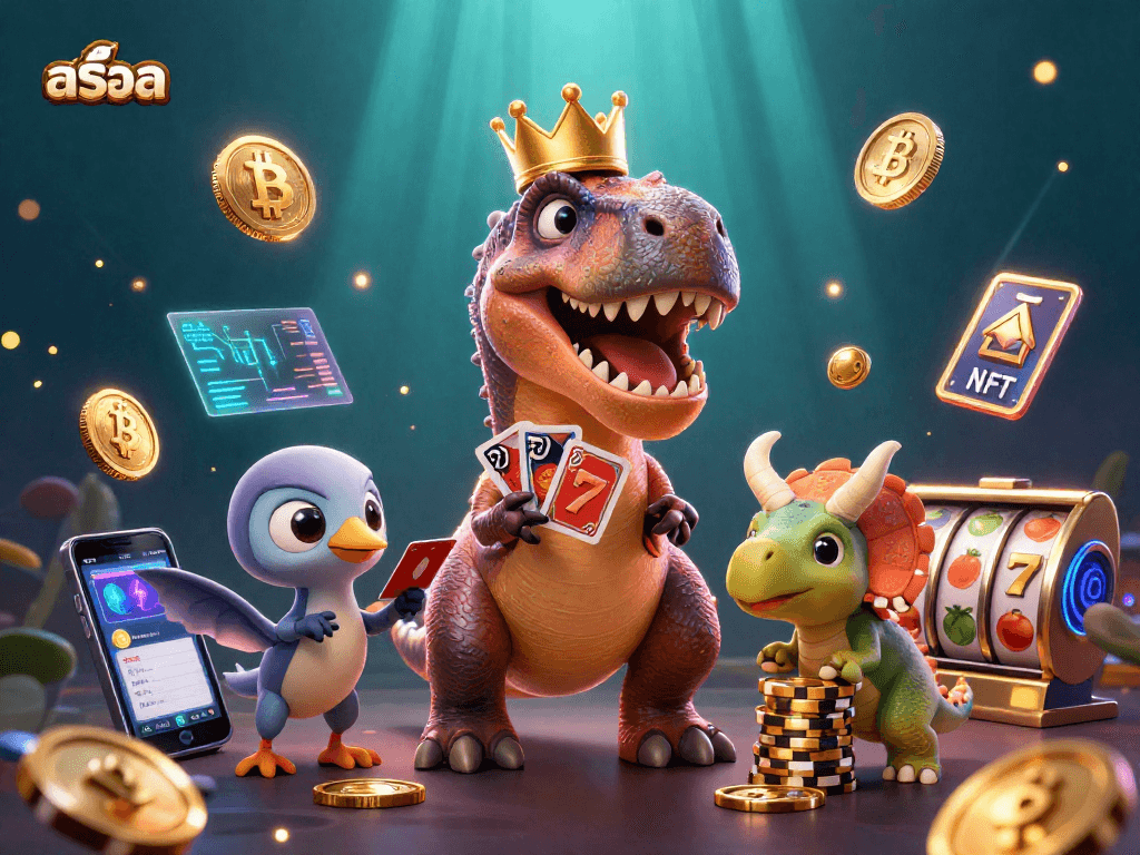 Engage with exciting สล็อต gameplay featuring vibrant characters, cryptocurrency elements, and a lively casino atmosphere.