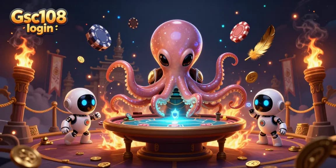 Experience Gsc108 login in a vibrant alien casino scene with an octopus dealer and cosmic chips.