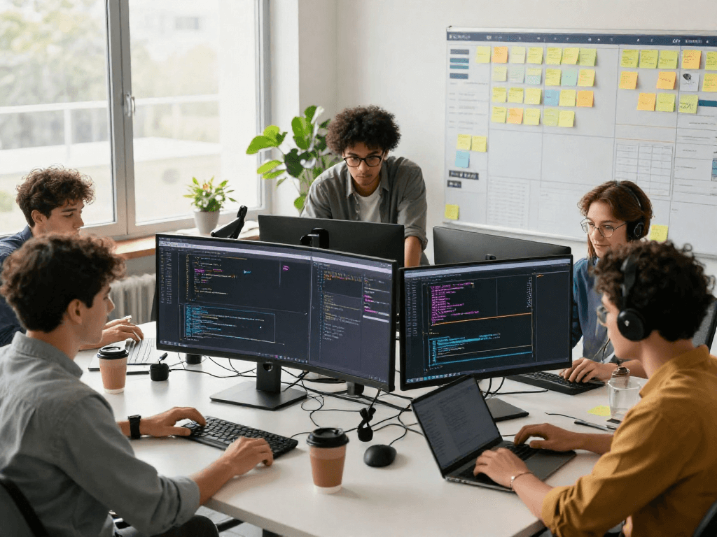 lingkungan kerja teknologi dengan pengembang perangkat lunak debugging wifi4d di kantor modern