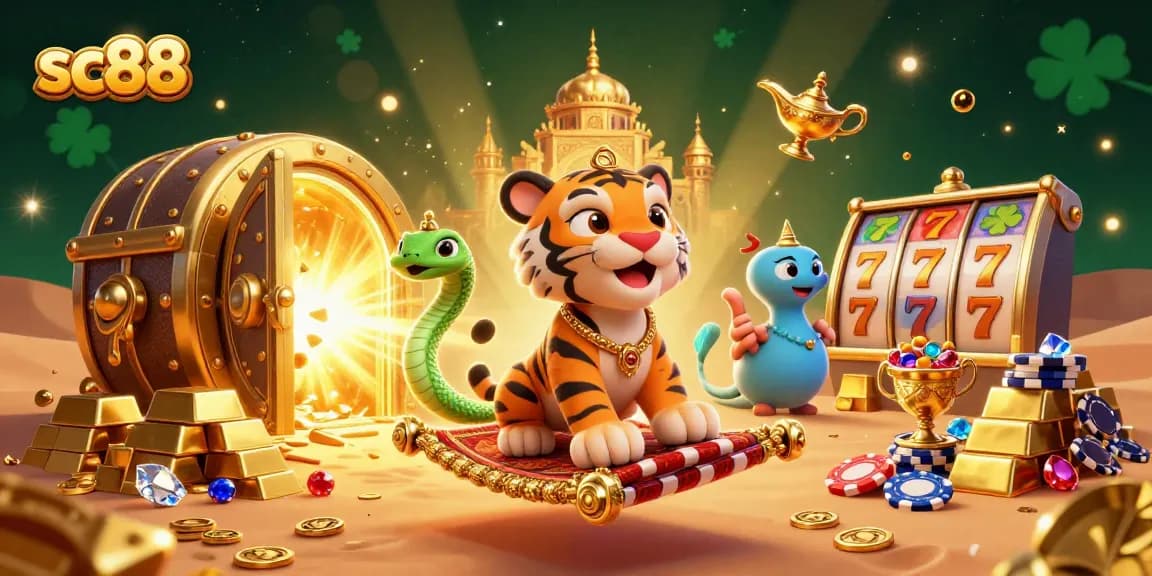 Experience thrilling gameplay at sc88 with vibrant casino elements surrounding a magical sultan scene.