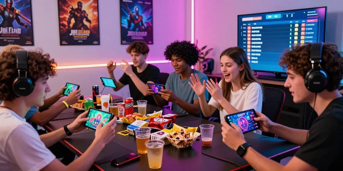 Diverse friends enjoying the jaiclub gaming app in a vibrant, energetic setting with snacks and ambient lighting.