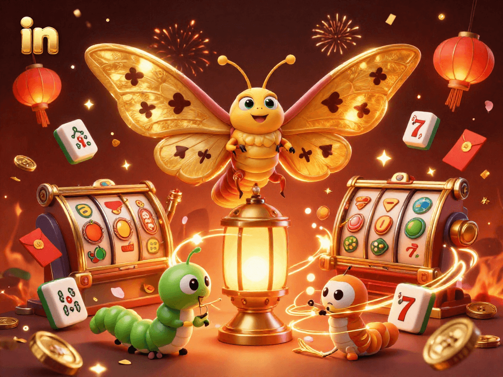 Experience the excitement in this vibrant online casino illustration featuring a majestic moth amidst rich gaming elements.