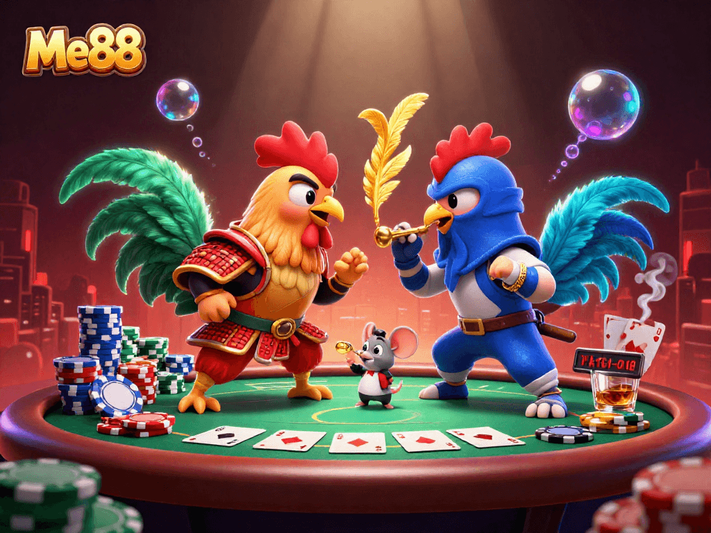 Experience thrilling Me88 action as roosters face off on a dynamic poker table.
