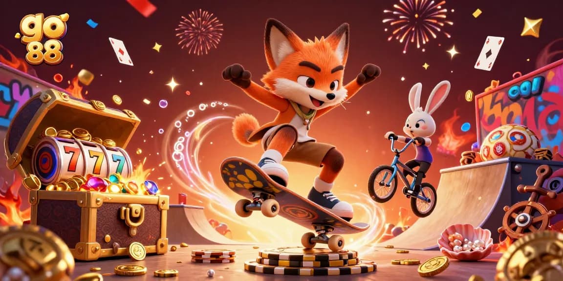 Experience excitement at go 88 with a vibrant casino scene featuring playful characters and dynamic elements.