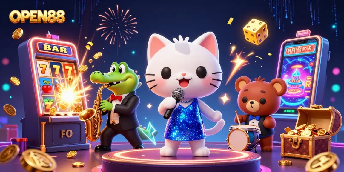 Experience thrilling wins with OPEN88's vibrant casino scene featuring animated characters and exciting game elements.